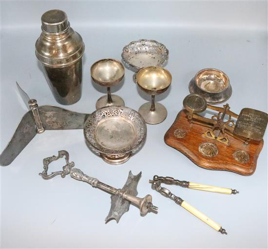 Quantity of plated wares, postal scales, 2 silver bon bon dishes etc